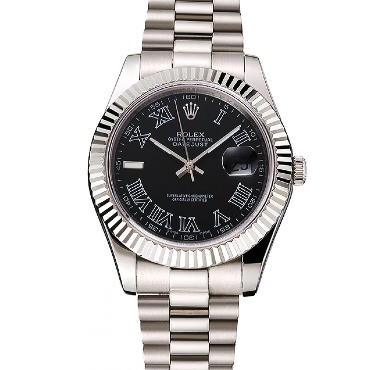 Roman Black Datejust Rolex Steel And Stainless Dial Swiss Bracelet Numerals Case 0527